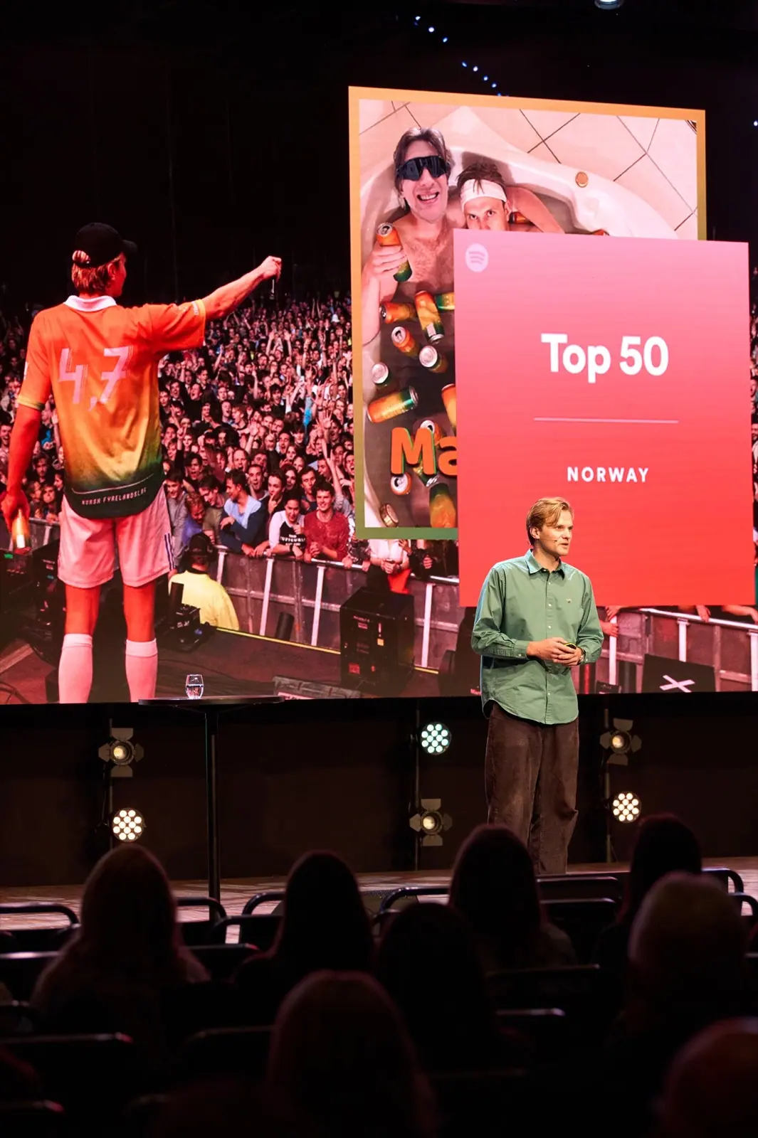 Foredragsholder på scenen foran skjerm med «Top 50 Norway»